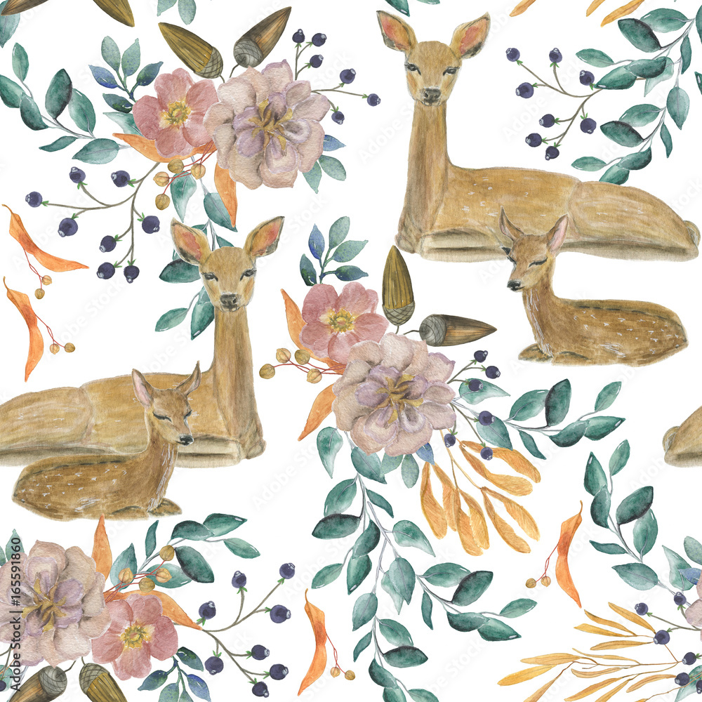 Obraz premium Watercolor painting seamless pattern with deers