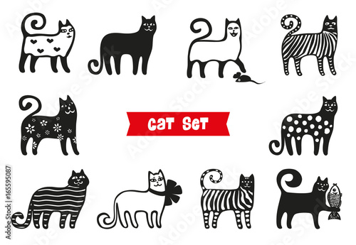 Funny cats set. Black cats silhouette collections. Cartoon style.