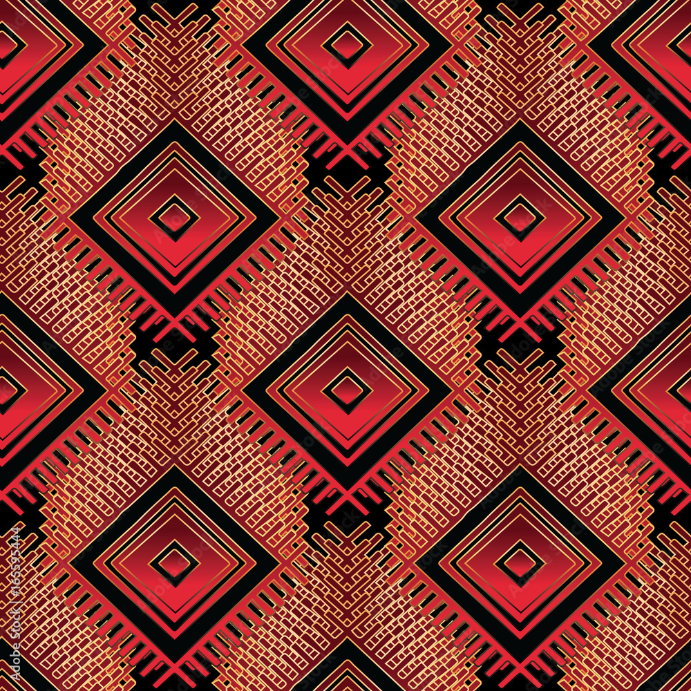Tribal ethnic seamless pattern. Black background wallpaper illustration  with red gold geometry shapes, figures, rhombus, zigzags and tiled  beautiful abstract ornaments. Vector modern 3d texture Stock Vector | Adobe  Stock