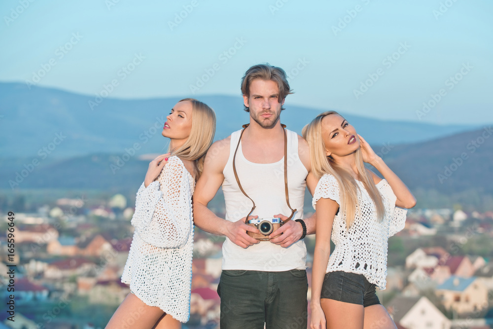 Girl and women with photographer outdoor. Girl and women with photographer outdoor.