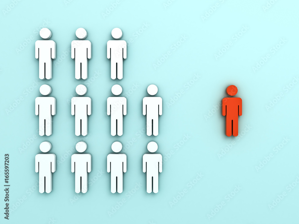 Stand out from the crowd and different creative idea concepts , One red man standing alone separate from group of white people on cyan background with shadows , leadership concept . 3D rendering. Stand out from the crowd and different creative idea concepts , One red man standing alone separate from group of white people on cyan background with shadows , leadership concept . 3D rendering.