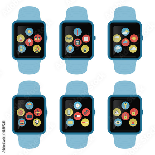 Six square smartwatches with icons about education, climate, technology, tool, safety