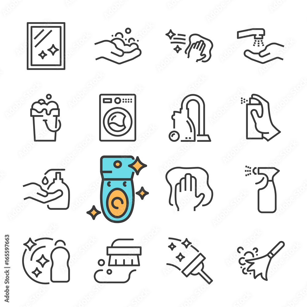 Vector black line Cleaning icons set. Includes such Icons as Clean Surface, Dust, Foam, Detergent. Vector black line Cleaning icons set. Includes such Icons as Clean Surface, Dust, Foam, Detergent.