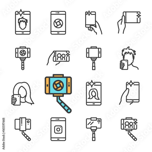 Vector black line Selfie icons set. Includes such Icons as selfie stick, smartphone, front camera, Smartphone in hand.