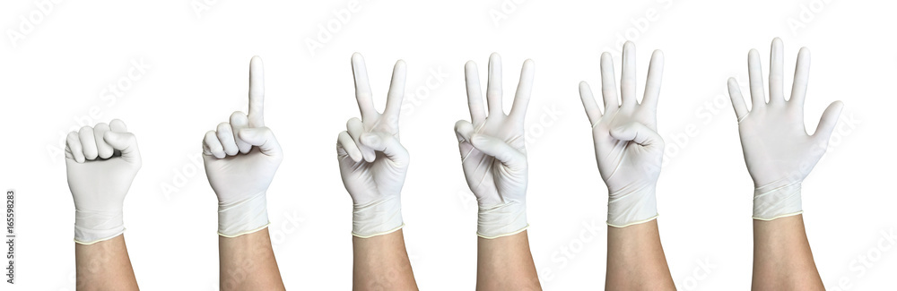 Right hand wearing latex surgical glove with gesture number from zero to five from left to right on wite background Right hand wearing latex surgical glove with gesture number from zero to five from left to right on wite background