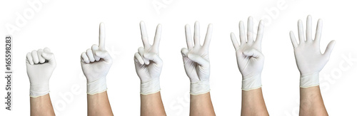 Right hand wearing latex surgical glove with gesture number from zero to five from left to right on wite background