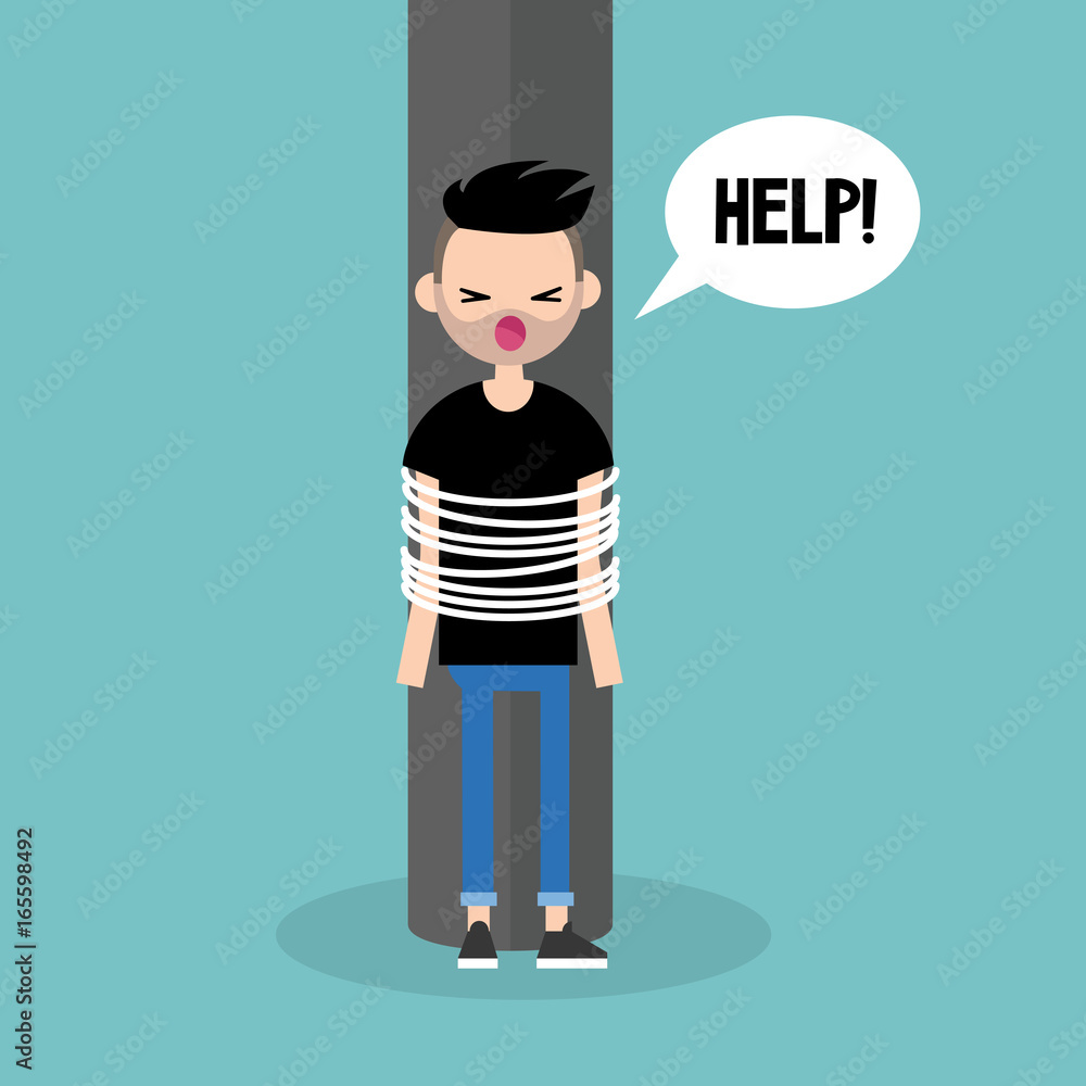 Young tied up character calling for help / flat editable vector illustration, clip art Young tied up character calling for help / flat editable vector illustration, clip art