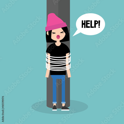 Young female tied up character calling for help / flat editable vector illustration, clip art