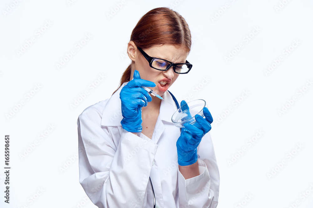 Beautiful young woman on white isolated background, doctor, medicine Beautiful young woman on white isolated background, doctor, medicine