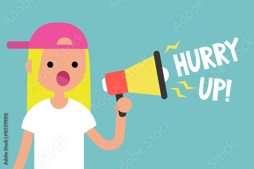 Advertisement conceptual illustration. Young female character speaking through megaphone / flat editable vector illustration, clip art
