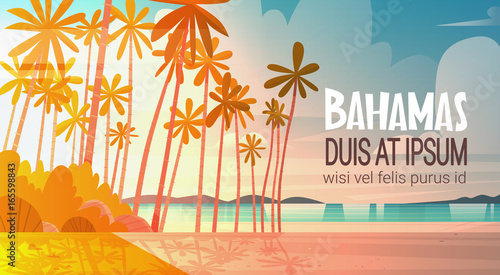 Bahamans Sea Shore Beach On Sunset Beautiful Seaside Landscape Summer Vacation Concept Flat Vector Illustration