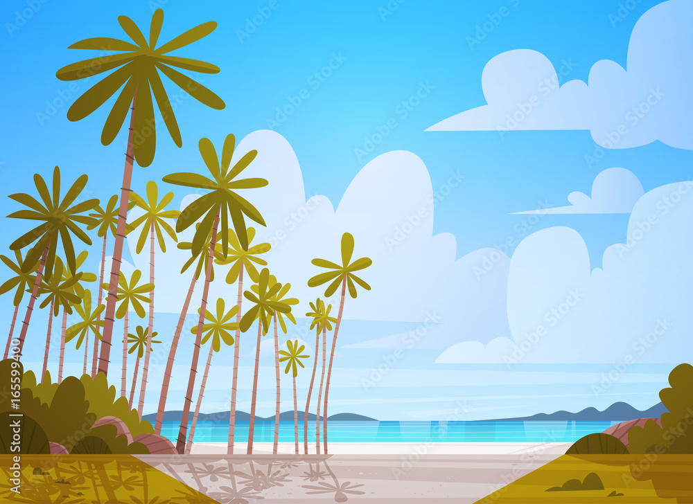 Obraz premium Sea Shore Beach Beautiful Seaside Landscape Summer Vacation Concept Flat Vector Illustration