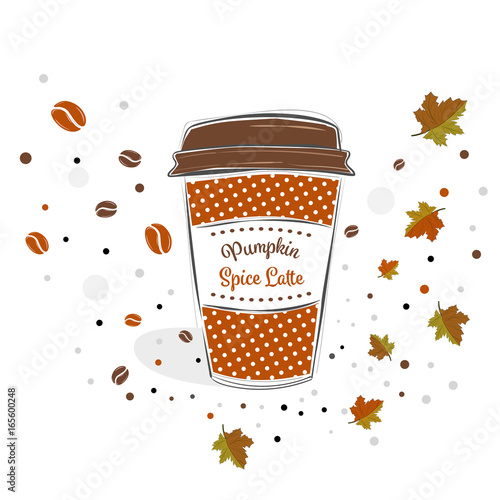 Pumpkin spice latte sign text over paper coffee cup with abstract coffee beans and leaves background vector illustration. Line design hand drawn coffee cup.