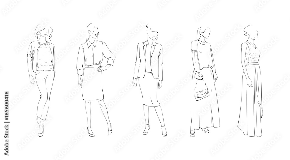 Fashion Collection Of Clothes Female Models Set Wearing Trendy Clothing Vector Illustration Fashion Collection Of Clothes Female Models Set Wearing Trendy Clothing Vector Illustration