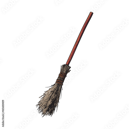 Single old twig broom, broomstick, traditional Halloween symbol, sketch style vector illustration isolated on white background. Hand drawn, sketch style witch broom, broomstick, Halloween object