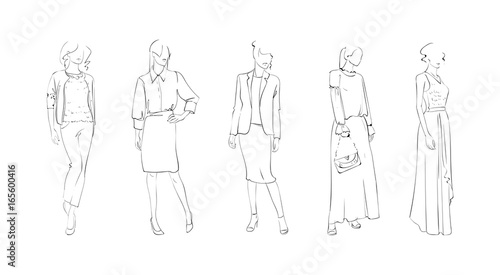 Fashion Collection Of Clothes Female Models Set Wearing Trendy Clothing Vector Illustration