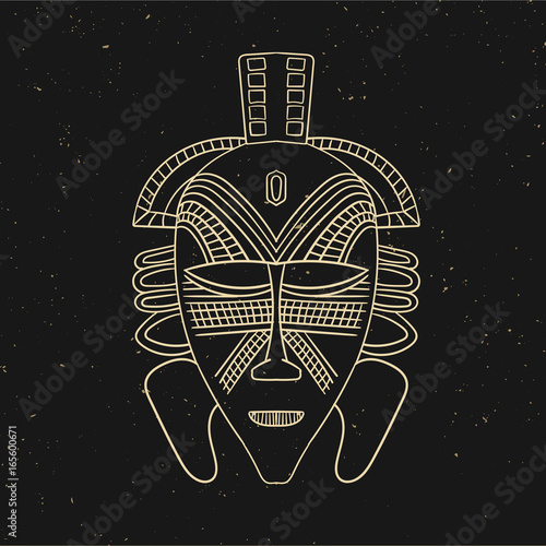 Vintage line old mask. Vector illustration. Hand drawn. Black and gold