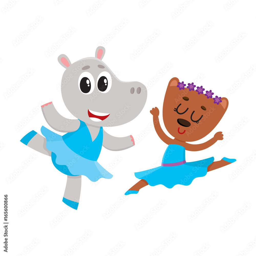 Cute little hippo and bear puppy and kitten characters dancing ballet  together, cartoon vector illustration isolated on white background. Little  bear and hippo ballet dancers, ballerinas Stock Vector | Adobe Stock