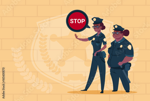 Two African American Police Women Holding Stop Sign Wearing Uniform Female Guards On Blue Bricks Background Flat Vector Illustration