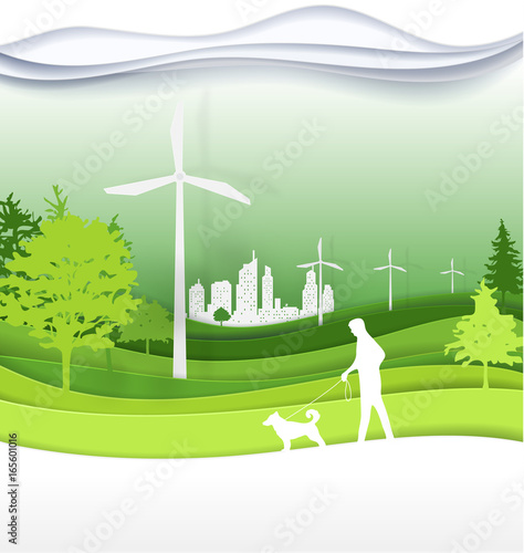 People with dogs Walking in the green park  city for  life.The eco-friendly city vector paper art illustration paper cut