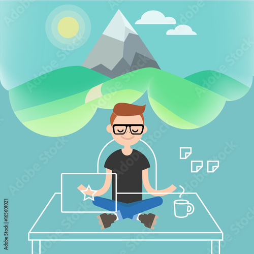 Dealing with stress. Young character meditating in lotus pose with closed eyes in office. Yoga and meditation / flat editable vector illustration, clip art