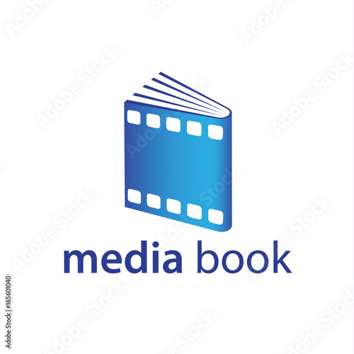 Book and the film strip logo. Blue Multimedia icon.