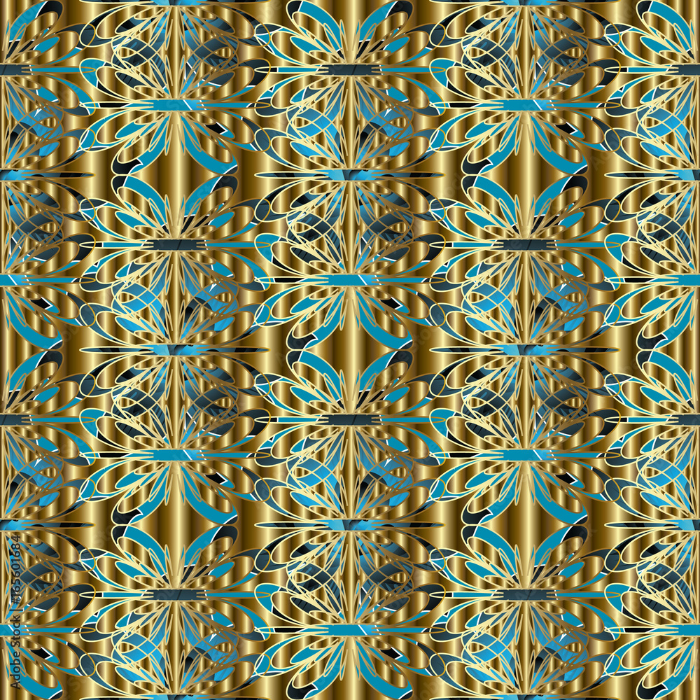 Floral seamless pattern. Abstract turquoise gold background wallpaper