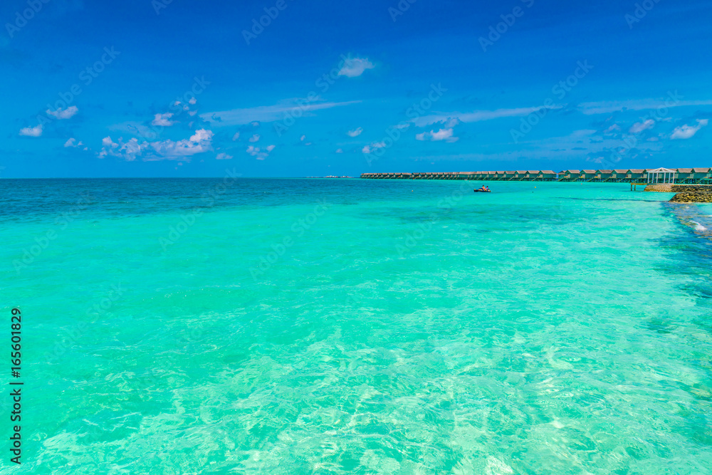 Beautiful water villas in tropical Maldives island . Beautiful water villas in tropical Maldives island .