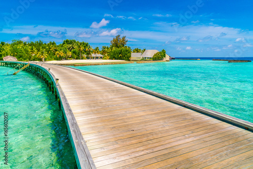 Beautiful water villas in tropical Maldives island  . © jannoon028