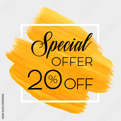 Sale special offer 20% off sign over grunge brush art paint abstract texture background design acrylic stroke poster vector illustration. Perfect watercolor design for sale shop and sale banners.