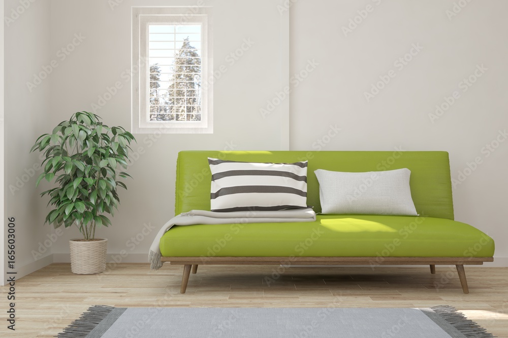 Fototapeta premium White minimalist room with green sofa. Scandinavian interior design. 3D illustration