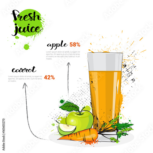 Apple Carrot Mix Cocktail Of Fresh Juice Hand Drawn Watercolor Glass On White Background Vector Illustration