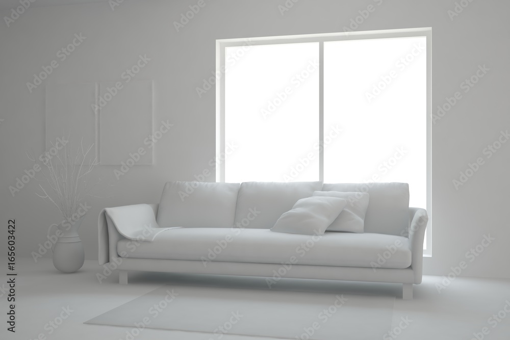 White room with sofa. Scandinavian interior design. 3D illustration White room with sofa. Scandinavian interior design. 3D illustration