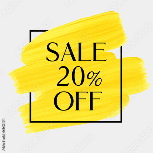 Sale 20% off sign over grunge brush art paint abstract texture background design acrylic stroke poster vector illustration. Perfect watercolor design for sale shop and sale banners.