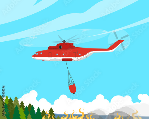 A fire helicopter extinguishes a fire in hard-to-reach places. Vector illustration