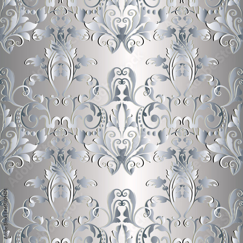 Baroque seamless pattern. Damask floral silver background wallpaper illustration with vintage 3d flowers, swirl leaves and antique Baroque ornaments in Victorian style.Vector surface luxury texture
