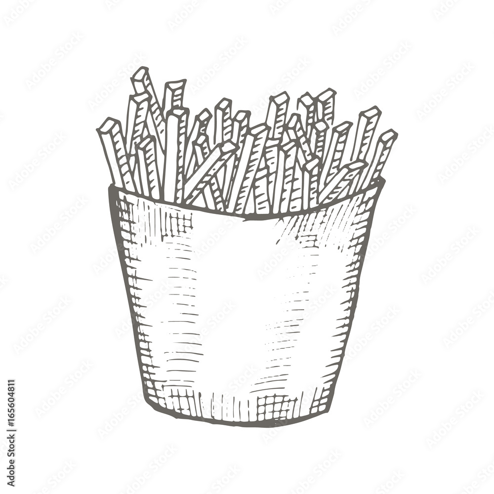 Vector vintage French fries drawing. Hand drawn monochrome fast food illustration.
