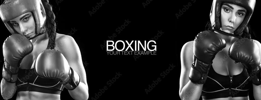 Sportsman muay thai boxer fighting. Isolated on black background. Copy Space. Sport concept.