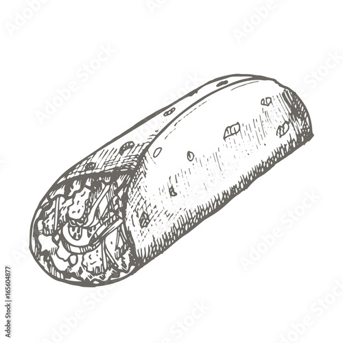 Vector vintage burrito drawing. Hand drawn monochrome fast food illustration.