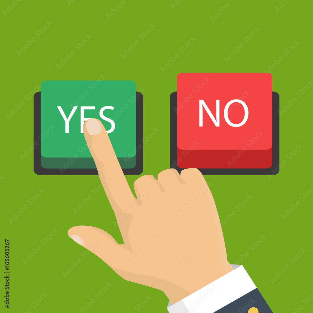 Vector illustration. The concept of choice, the right choice and a wrong decision. Hand, finger pressing buttons no or yes. Vector illustration. The concept of choice, the right choice and a wrong decision. Hand, finger pressing buttons no or yes.