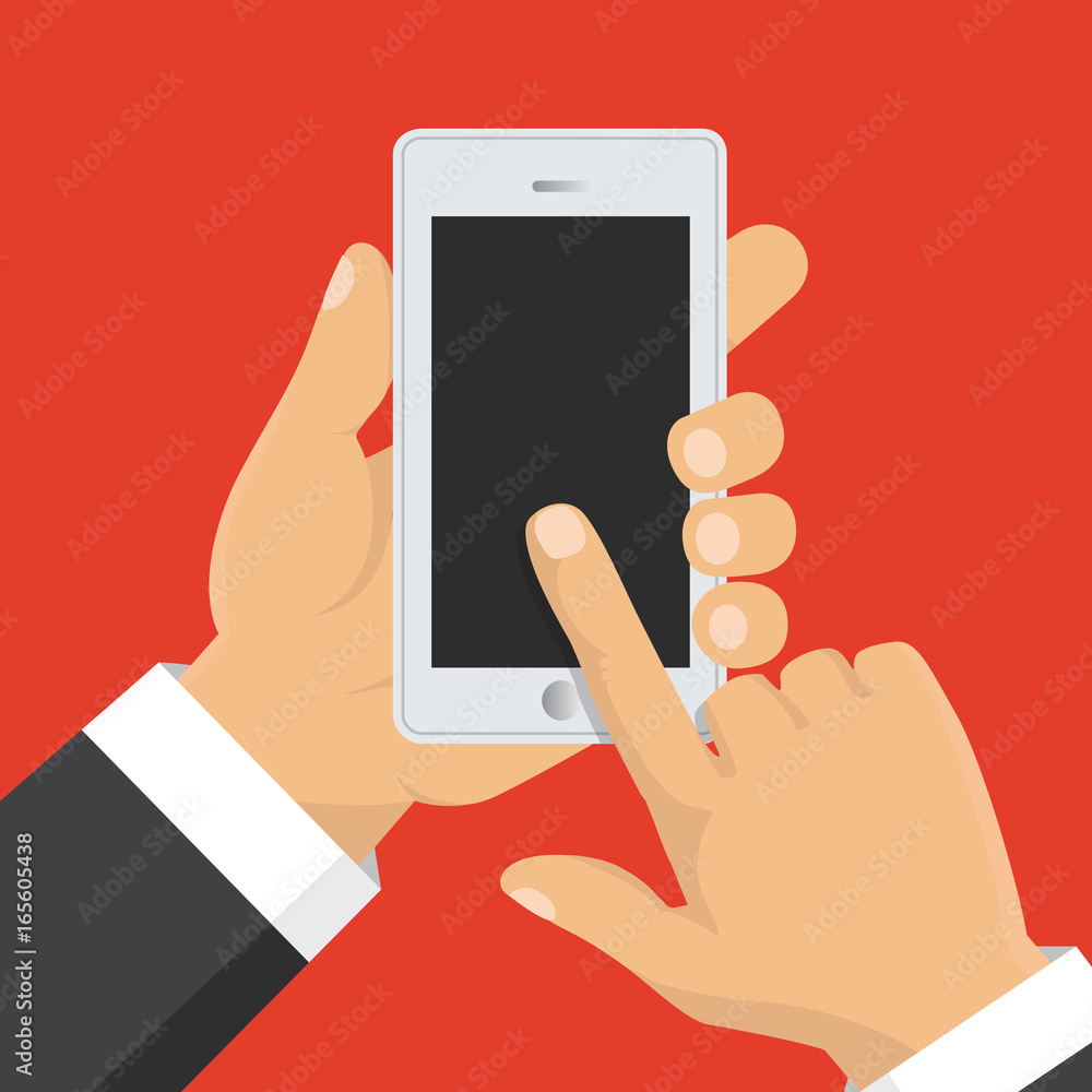 Hand holding smart phone. Business concept, flat design, vector Hand holding smart phone. Business concept, flat design, vector