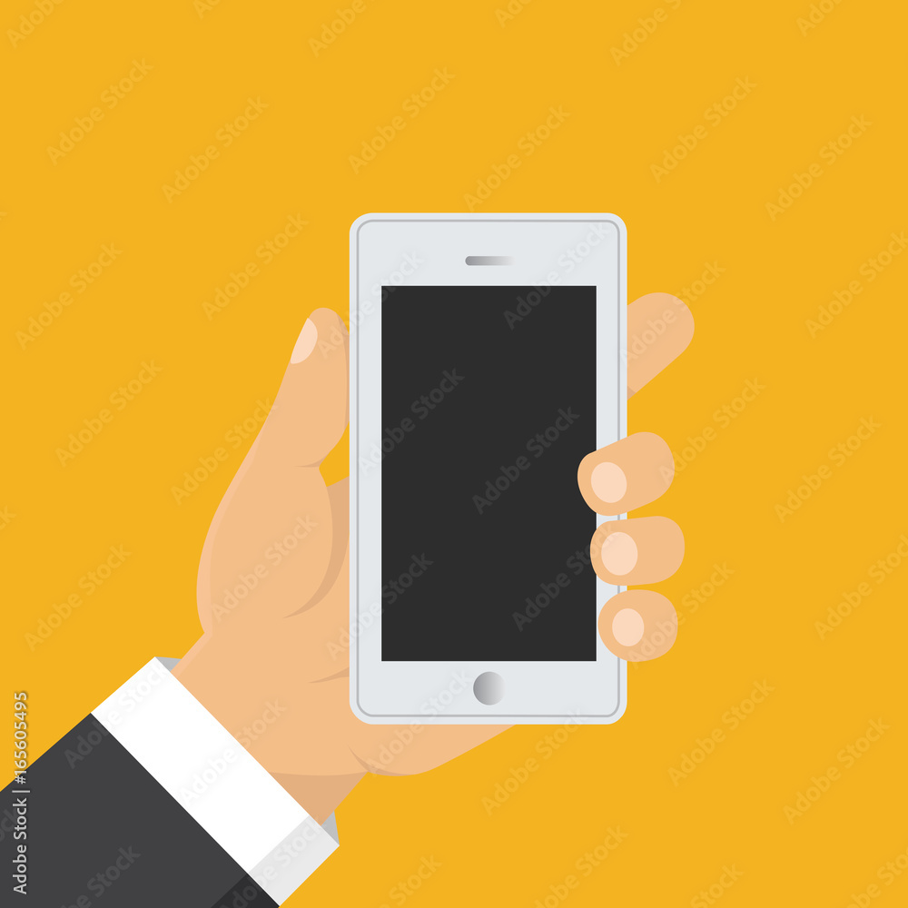 Hand holding smart phone. Business concept, flat design, vector Hand holding smart phone. Business concept, flat design, vector
