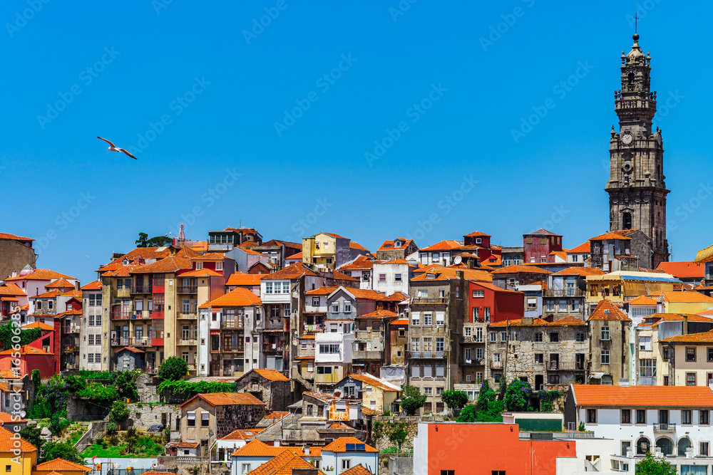 Colorful miniature tilt-shift view of old city center, Porto, Portugal