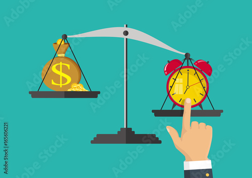 Vector illustration. Money and time balance on the scale. Business concept.