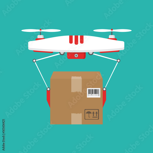 Dron delivers the parcel. The concept of fast, free delivery, gift. Vector illustration
