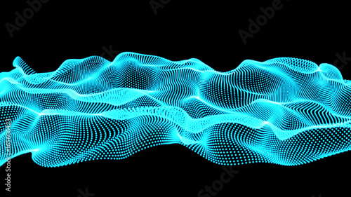 neon abstract waves on black background - shape made of dots