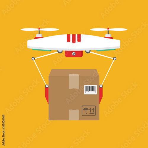 Dron delivers the parcel. The concept of fast, free delivery, gift. Vector illustration