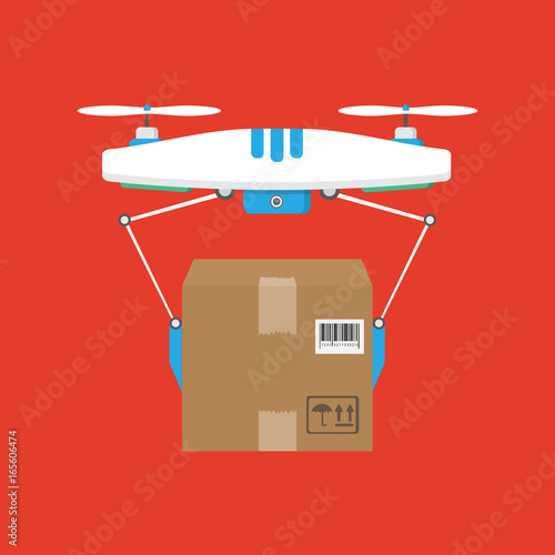 Dron delivers the parcel. The concept of fast, free delivery, gift. Vector illustration