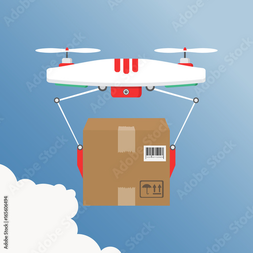 Dron delivers the parcel. The concept of fast, free delivery, gift. Vector illustration