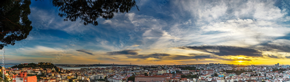 Beautiful colorful sunset panoramic landscape aerial view of Lisbon
